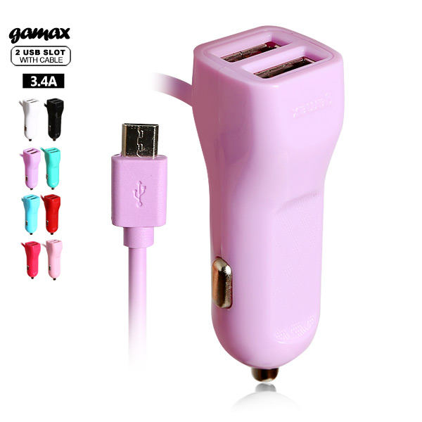 【018003-03】gamax 3.4A 超強雙USB+Micro充電線 三輸出車充器 紫色