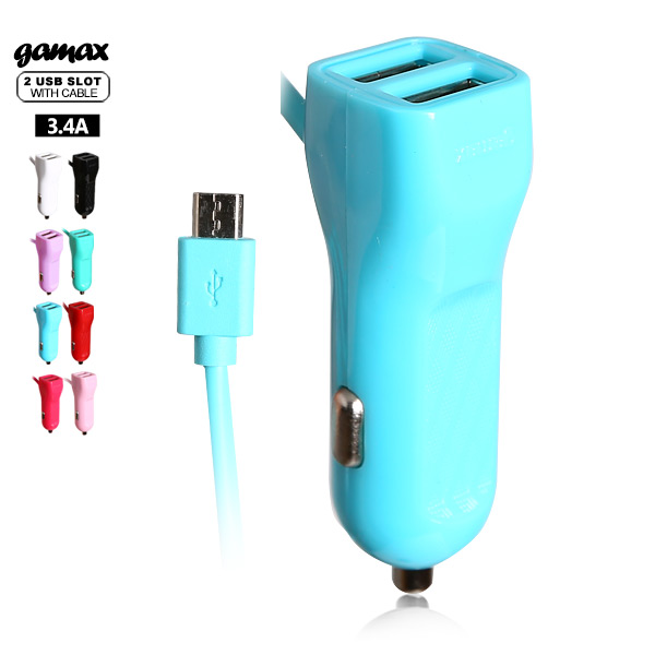 【018003-05】gamax 3.4A 超強雙USB+Micro充電線 三輸出車充器 湖藍