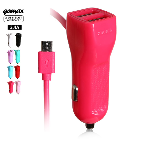 【018003-07】gamax 3.4A 超強雙USB+Micro充電線 三輸出車充器 桃紅