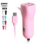 【018003-08】gamax 3.4A 超強雙USB+Micro充電線 三輸出車充器 粉紅