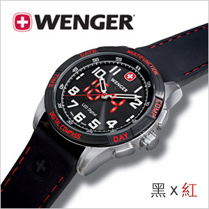 【WENGER LED NOMAD】遊牧系列大三針多功能雙顯腕錶-黑x紅/43mm/大錶徑