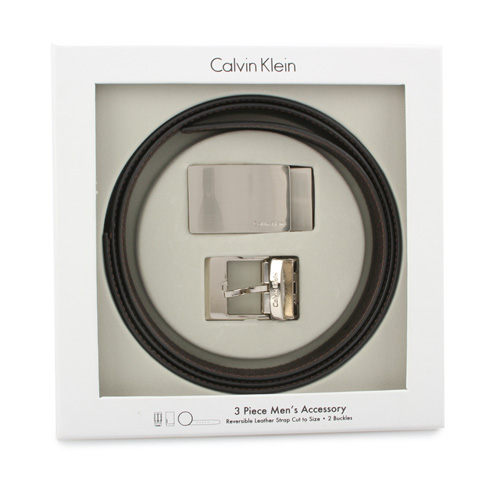 Calvin Klein經典LOGO光面替換式皮帶禮盒組 黑/咖啡(雙面色) 103400-1
