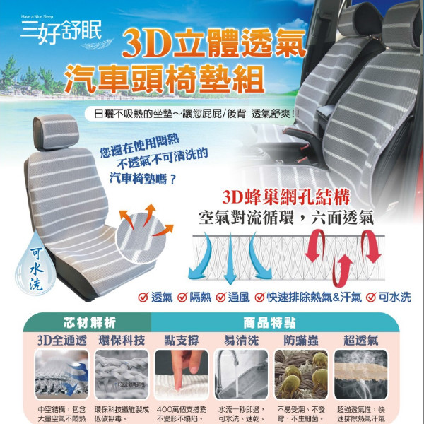 【三好舒眠】3D立體透氣汽車頭椅墊組買一送一(共2入/組)