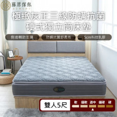 【藤原傢俬】極致灰正三線防螨抗菌硬式獨立筒床墊5尺雙人(買就送床包含枕套)